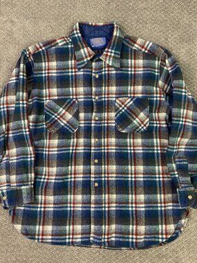 Vintage Pendleton Shirt Youth Boys XL Blue Green Wool USA Plaid Tartan Button Up